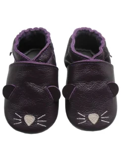 Dunkellila Baby-Leder-Laufschuhe, komfortabel mit rutschfester Sohle -Mäusemotiv>Bemesu Online