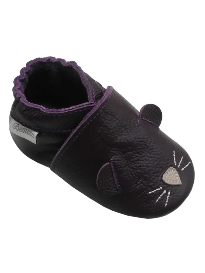 Dunkellila Baby-Leder-Laufschuhe, komfortabel mit rutschfester Sohle -Mäusemotiv>Bemesu Online
