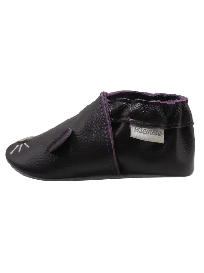 Dunkellila Baby-Leder-Laufschuhe, komfortabel mit rutschfester Sohle -Mäusemotiv>Bemesu Online