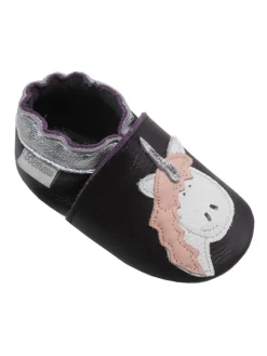 Bemesu Krabbelschuhe^Dunkellila Leder Krabbelschuhe für Babys, rutschfeste Sohle – Einhorn-Muster