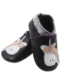 Bemesu Krabbelschuhe^Dunkellila Leder Krabbelschuhe für Babys, rutschfeste Sohle – Einhorn-Muster