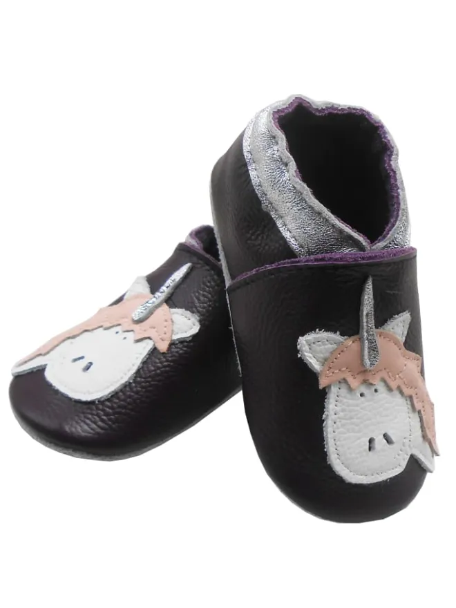 Bemesu Krabbelschuhe^Dunkellila Leder Krabbelschuhe für Babys, rutschfeste Sohle – Einhorn-Muster