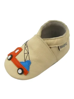 Elfenbeinfarbene Baby-Leder-Laufschuhe, mit rutschfester Sohle - Lastwagenmotiv><noscript><img width=