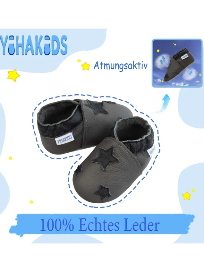 Grau Baby Leder Krabbelschuhe, mit rutschfester Sohle – Sternenmuster>Yihakids Best