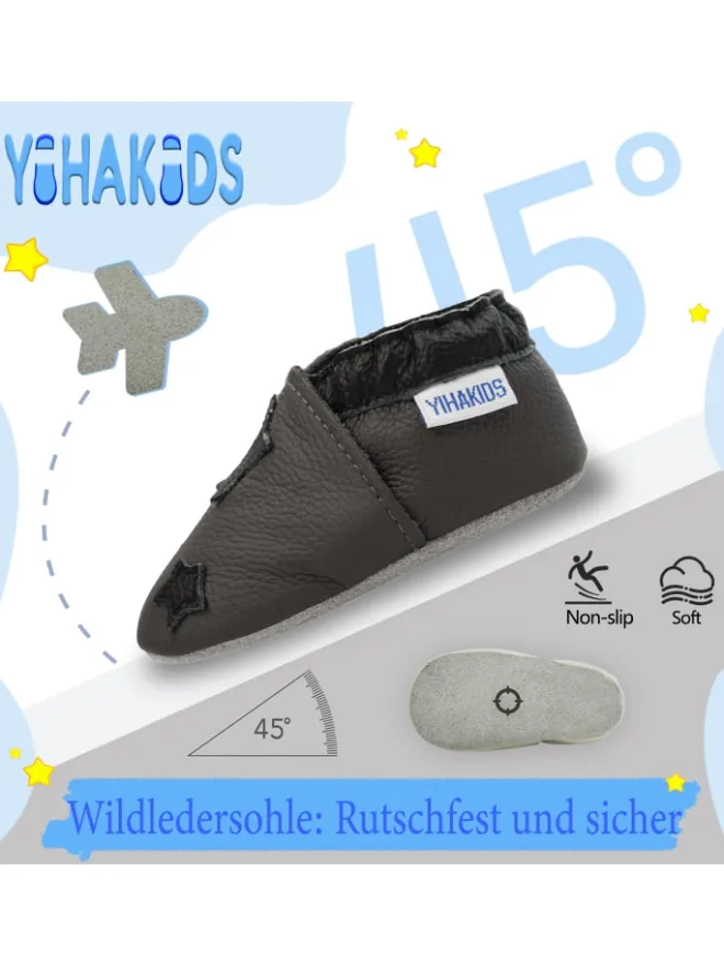 Grau Baby Leder Krabbelschuhe, mit rutschfester Sohle – Sternenmuster>Yihakids Best