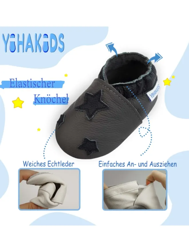 Grau Baby Leder Krabbelschuhe, mit rutschfester Sohle – Sternenmuster>Yihakids Best