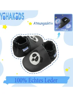 Grau Baby Leder Krabbelschuhe, mit rutschfester Sohle – Panda-Muster>Yihakids Online