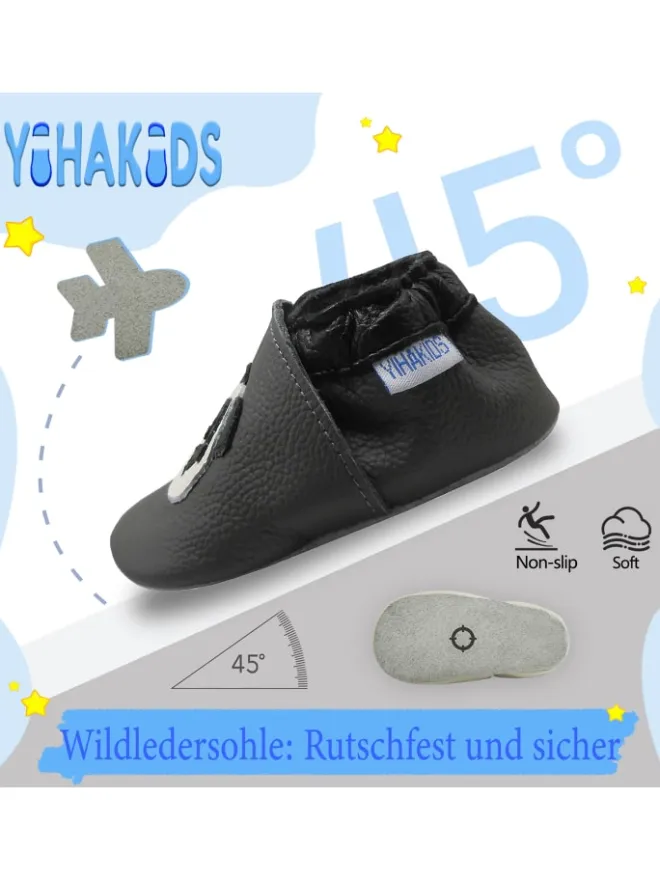 Grau Baby Leder Krabbelschuhe, mit rutschfester Sohle – Panda-Muster>Yihakids Online