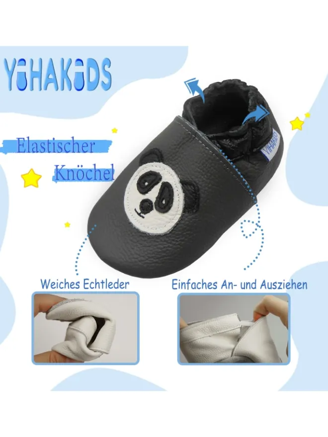 Grau Baby Leder Krabbelschuhe, mit rutschfester Sohle – Panda-Muster>Yihakids Online