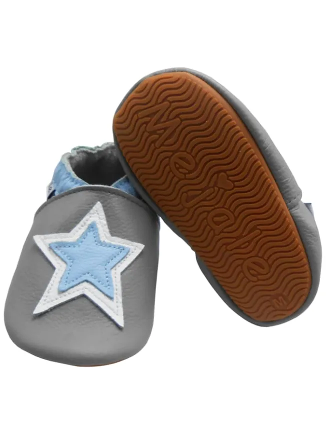 Mejale Krabbelschuhe^Graue Baby-Laufanfänger aus echtem Leder, rutschfeste Sohlen – Sternmuster