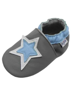 Mejale Krabbelschuhe^Graue Baby-Laufanfänger aus echtem Leder, rutschfeste Sohlen – Sternmuster