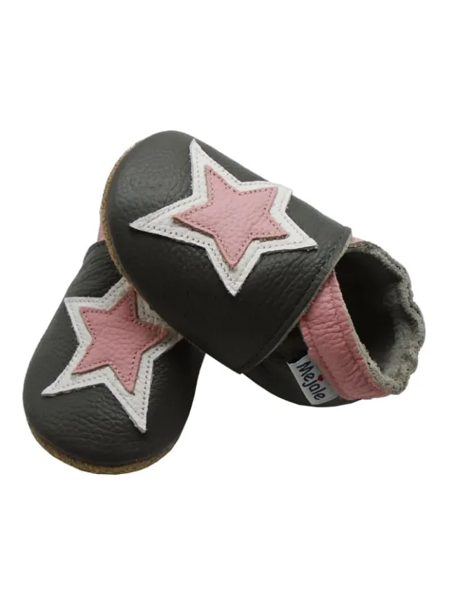 Mejale Krabbelschuhe^Graue Baby-Laufschuhe aus echtem Lede,rutschfester, weicher Sohle–Sternmuster