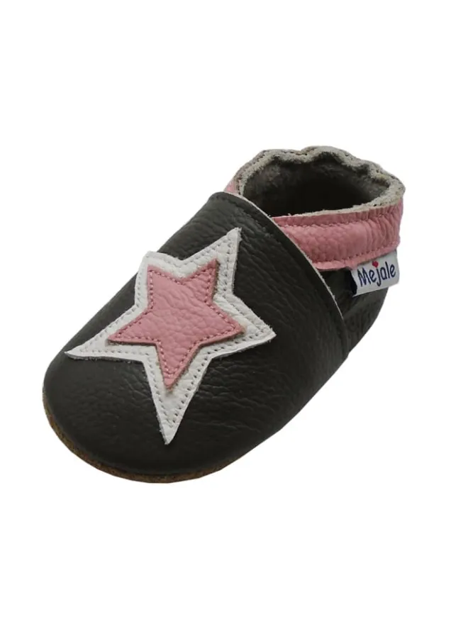 Mejale Krabbelschuhe^Graue Baby-Laufschuhe aus echtem Lede,rutschfester, weicher Sohle–Sternmuster