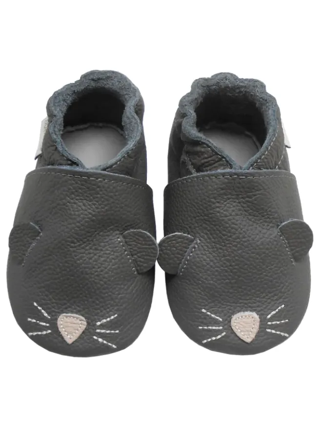 Bemesu Krabbelschuhe^Graue Baby-Leder-Laufschuhe, komfortabel mit rutschfester Sohle - Mäusemuster