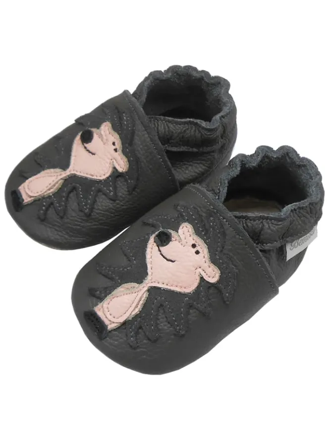 Bemesu Krabbelschuhe^Graue Leder Krabbelschuhe für Babys mit rutschfester Sohle – Löwen-Muster