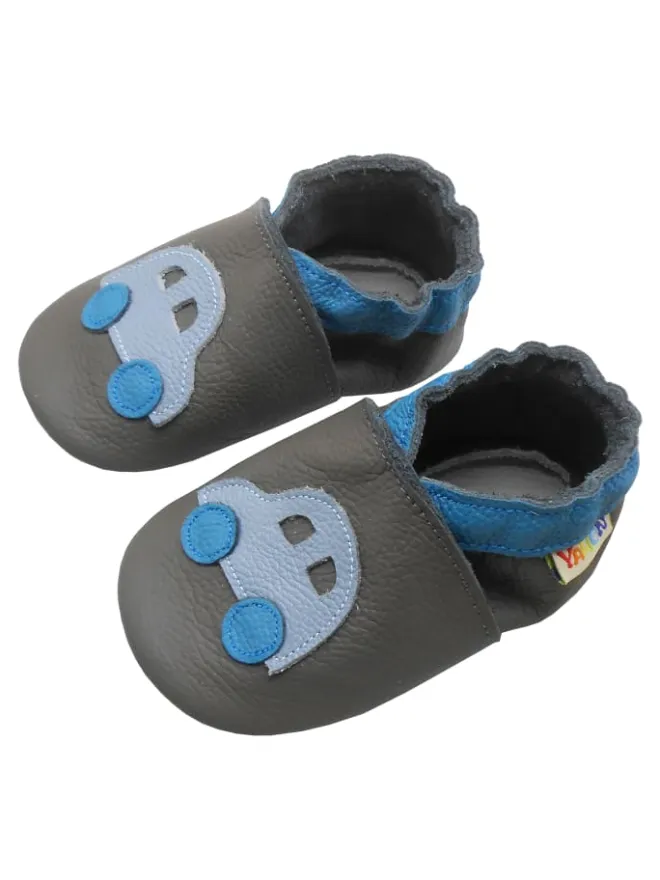 Yalion Krabbelschuhe^Graue Leder-Baby-Lauflernschuhe mit rutschfester Sohle – Blaue Auto-Muster