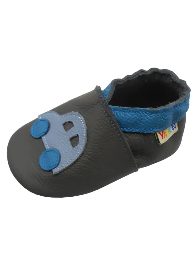 Yalion Krabbelschuhe^Graue Leder-Baby-Lauflernschuhe mit rutschfester Sohle – Blaue Auto-Muster