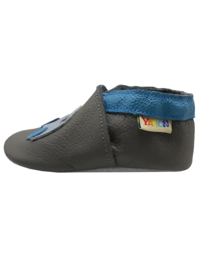 Yalion Krabbelschuhe^Graue Leder-Baby-Lauflernschuhe mit rutschfester Sohle – Blaue Auto-Muster