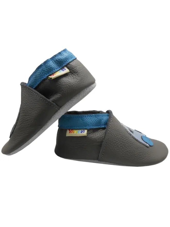 Yalion Krabbelschuhe^Graue Leder-Baby-Lauflernschuhe mit rutschfester Sohle – Blaue Auto-Muster