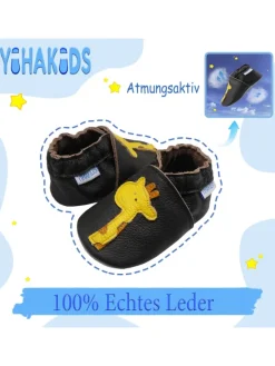 Hellbraune Baby-Leder-Laufanfänger mit rutschfester Sohle – Giraffenmuster>Yihakids Discount