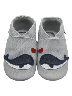 Yalion Krabbelschuhe^Hellgraue Krabbelschuhe aus Leder mit rutschfester Sohle – Wal-Muster