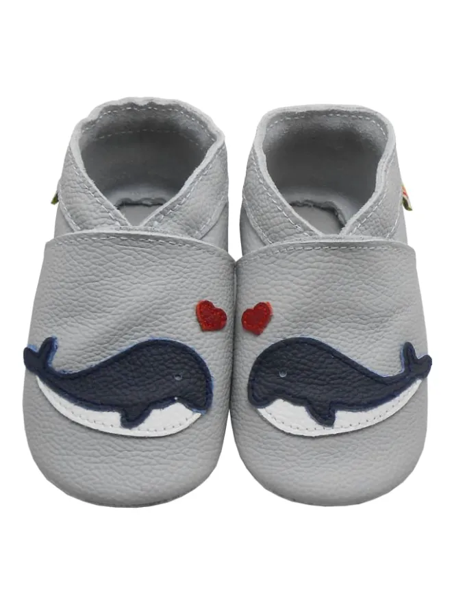 Yalion Krabbelschuhe^Hellgraue Krabbelschuhe aus Leder mit rutschfester Sohle – Wal-Muster