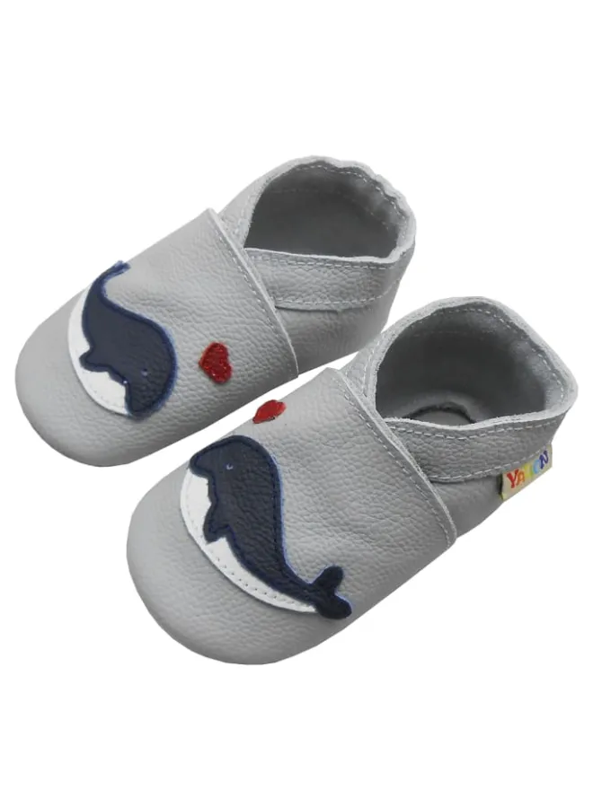 Yalion Krabbelschuhe^Hellgraue Krabbelschuhe aus Leder mit rutschfester Sohle – Wal-Muster