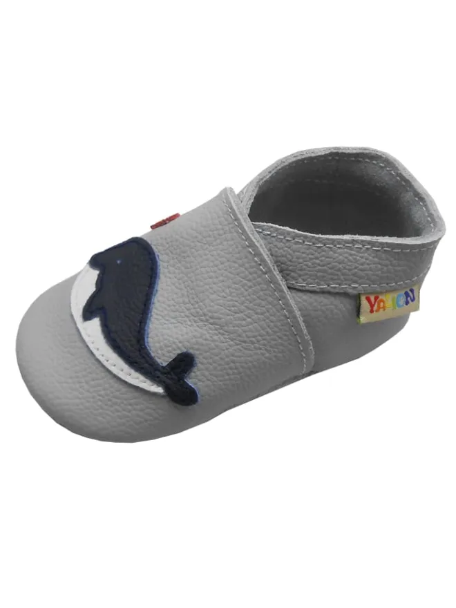 Yalion Krabbelschuhe^Hellgraue Krabbelschuhe aus Leder mit rutschfester Sohle – Wal-Muster