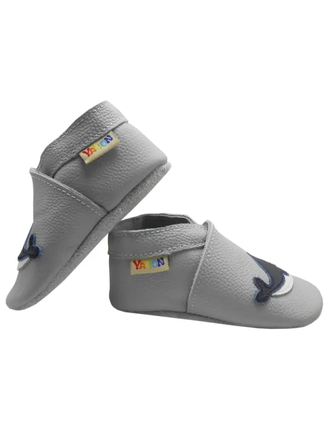 Yalion Krabbelschuhe^Hellgraue Krabbelschuhe aus Leder mit rutschfester Sohle – Wal-Muster