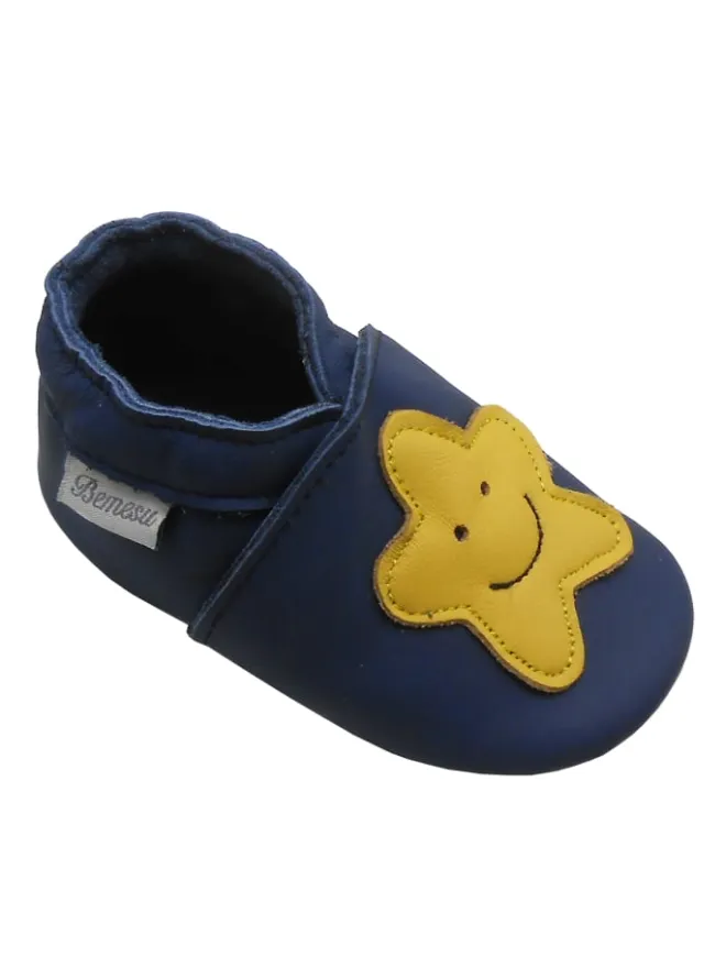 Bemesu Krabbelschuhe^Königsblaue Baby-Leder-Laufschuhe, mit rutschfester Sohle - gelbem Sternenmuster