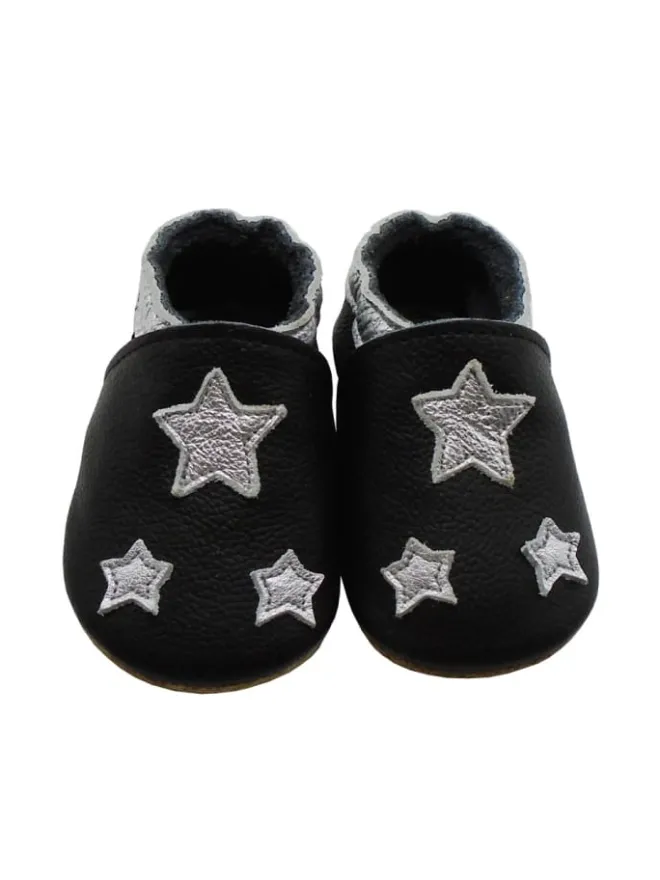 Mejale Krabbelschuhe^Leather baby crawling shoes with star patterns, non-slip sole, black