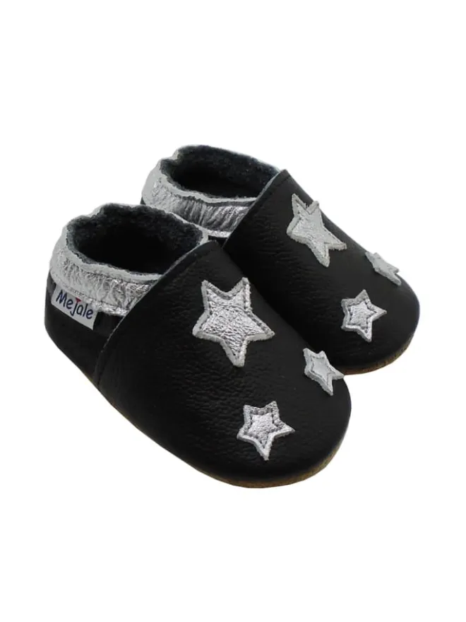 Mejale Krabbelschuhe^Leather baby crawling shoes with star patterns, non-slip sole, black