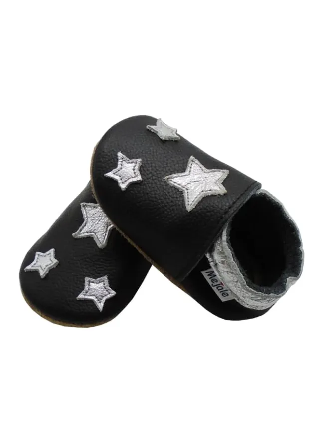 Mejale Krabbelschuhe^Leather baby crawling shoes with star patterns, non-slip sole, black
