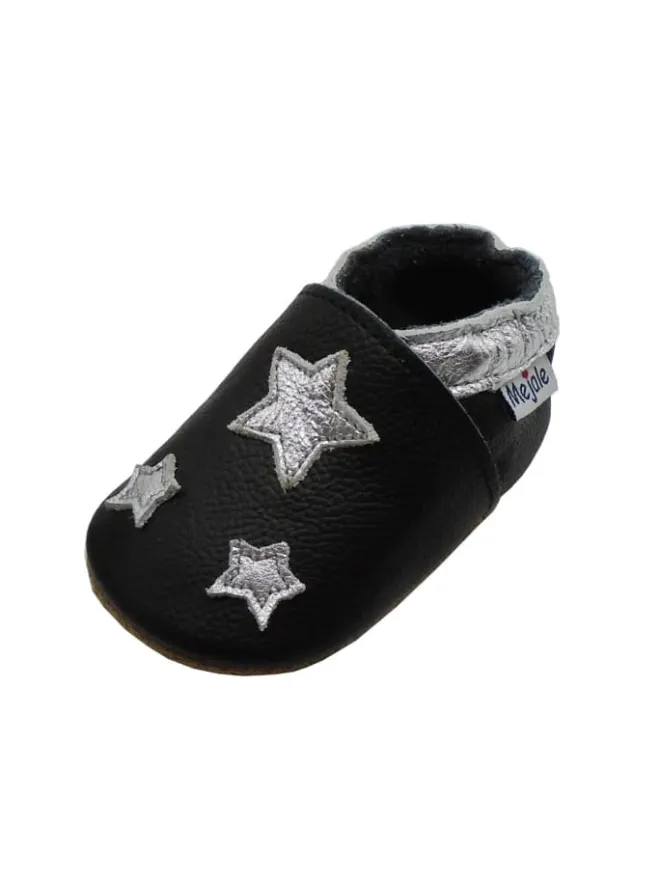 Mejale Krabbelschuhe^Leather baby crawling shoes with star patterns, non-slip sole, black