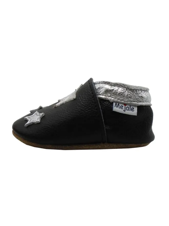 Mejale Krabbelschuhe^Leather baby crawling shoes with star patterns, non-slip sole, black