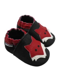 Leder Babyschuhe mit rotem Fuchsmuster, rutschfeste Sohle, schwarz>Mejale Discount