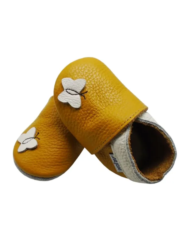 Leder Babyschuhe mit Schmetterlingsmuster, rutschfeste Sohle, sandgelb>Mejale Hot