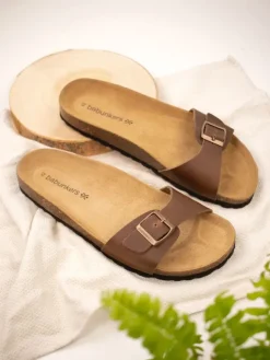 Leder-Pantoletten in Braun><noscript><img width=