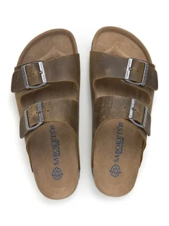 Leder-Pantoletten in Khaki><noscript><img width=