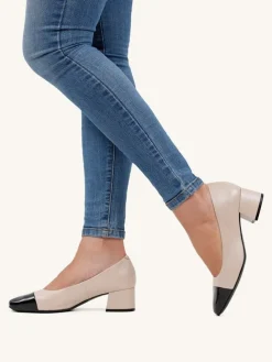 Leder-Pumps in Beige/ Schwarz><noscript><img width=