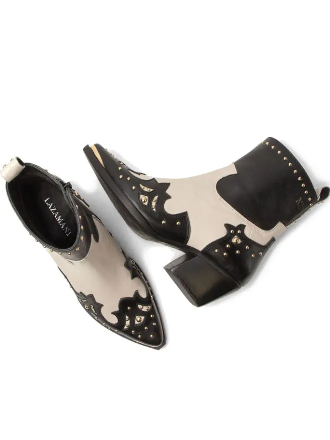 Leder-Stiefeletten in Creme/ Schwarz>Lazamani Hot