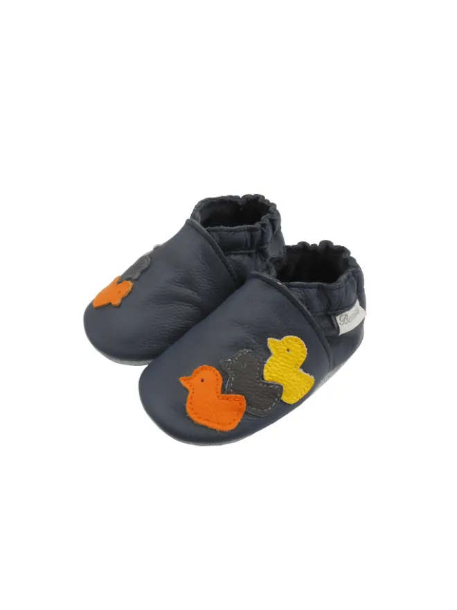 Bemesu Krabbelschuhe^Nachtblaue Baby-Leder-Laufschuhe, mit rutschfester Sohle - Entenmuster