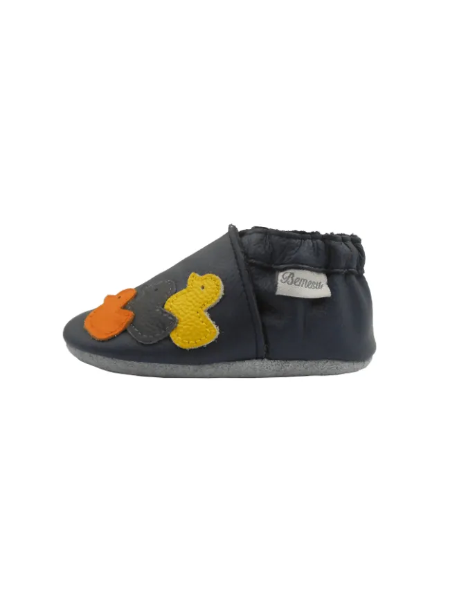 Bemesu Krabbelschuhe^Nachtblaue Baby-Leder-Laufschuhe, mit rutschfester Sohle - Entenmuster