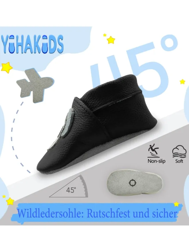 Yihakids Krabbelschuhe^Schwarze Baby Leder Krabbelschuhe, mit rutschfester Sohle – Hund-Muster