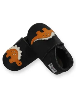 Mejale Krabbelschuhe^Schwarze Babyleder-Kleinkindschuhe, rutschfeste Sohle - Triceratops-Muster
