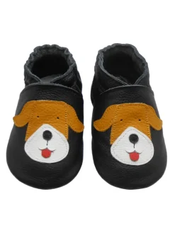 Schwarze Baby-Leder-Laufschuhe, komfortabel mit rutschfester Sohle - Mops-Motiv>Basrakids Hot