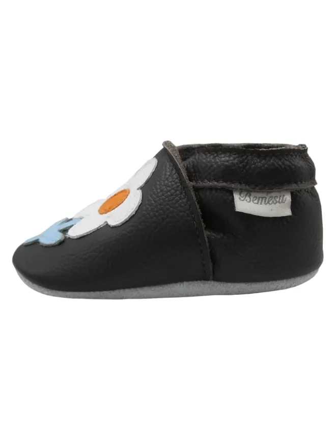 Schwarze Baby-Leder-Laufschuhe, komfortabel mit rutschfester Sohle - Blumenmotiv>Bemesu Outlet