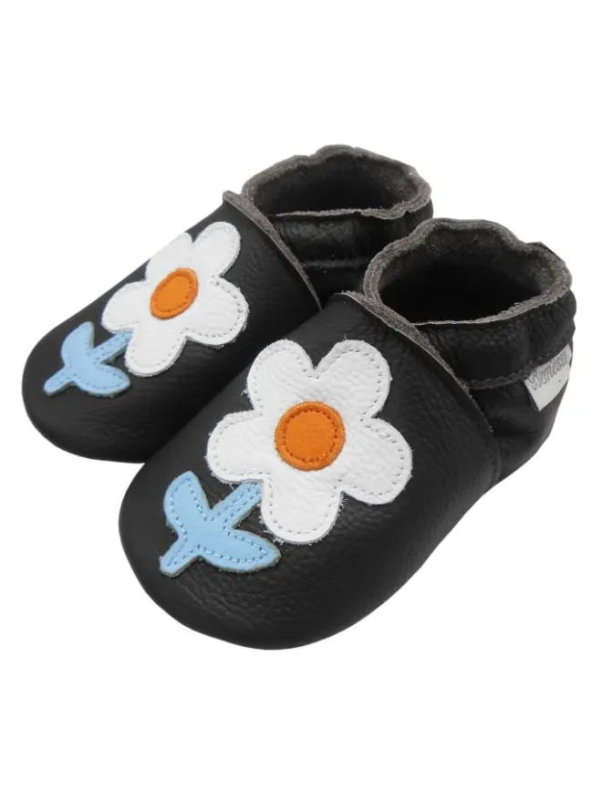 Schwarze Baby-Leder-Laufschuhe, komfortabel mit rutschfester Sohle - Blumenmotiv>Bemesu Outlet