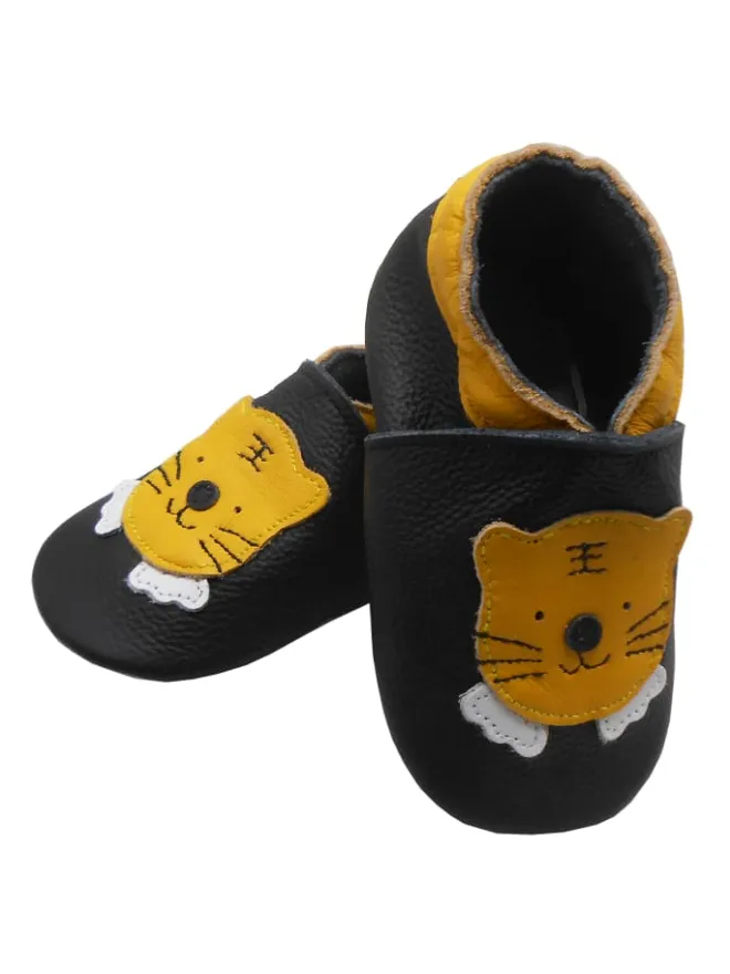 Schwarze Baby-Leder-Laufschuhe, komfortabel mit rutschfester Sohle - Tigermotiv>Bemesu