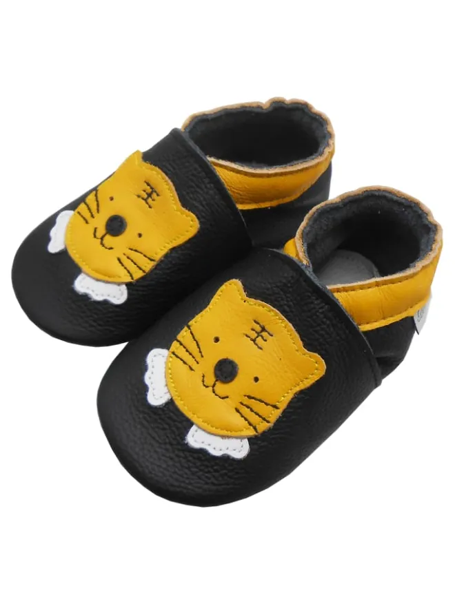 Schwarze Baby-Leder-Laufschuhe, komfortabel mit rutschfester Sohle - Tigermotiv>Bemesu